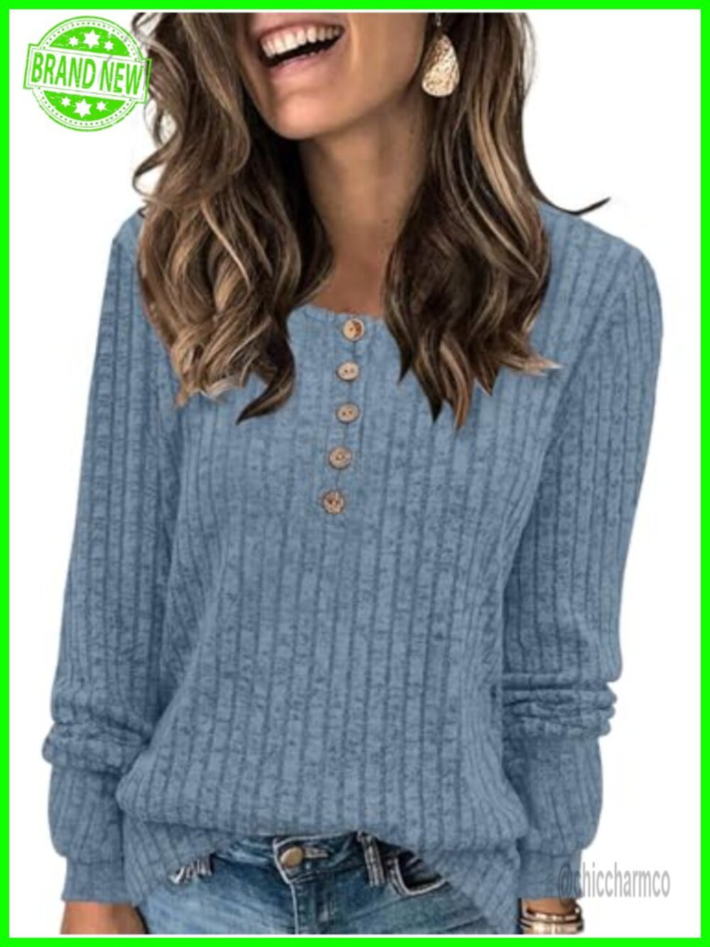 Lightweight Long Sleeve Henley Tunic Sweater Crewneck Casual Fall Top